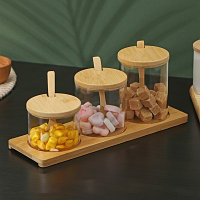Набор банок стеклянных для сыпучих продуктов на деревянной подставке BellaTenero «Эко», 3 предмета: 3 банки с