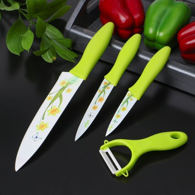 Набор кухонный, 4 предмета: 3 ножа с антиналипающим покрытием, лезвие 8,5 см, 12 см, 20 см, овощечистка, цвет - фото 2 - id-p216712763