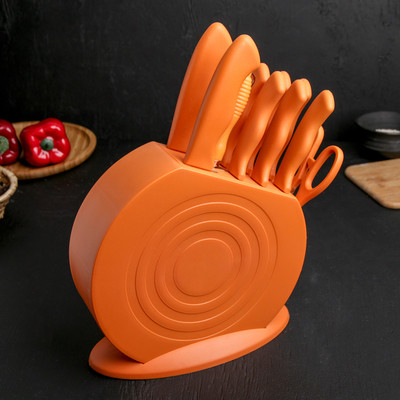 Набор кухонных принадлежностей на подставке, 8 ножей, ножеточка, ножницы, цвет оранжевый - фото 1 - id-p216712797