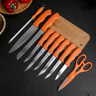 Набор кухонных принадлежностей на подставке, 8 ножей, ножеточка, ножницы, цвет оранжевый - фото 2 - id-p216712797