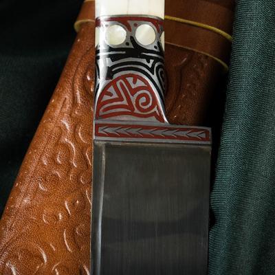Нож Пчак Шархон - кость, ёрма сапожок "Мехенди" гарда олово, гравировка с садафом, 17 см - фото 2 - id-p216709549