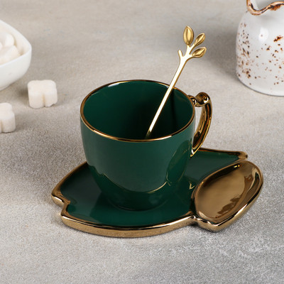 Чайная пара керамическая «Ливона», 3 предмета: чашка 200 мл, блюдце d=14 см, ложка, цвет изумрудный - фото 1 - id-p216689225