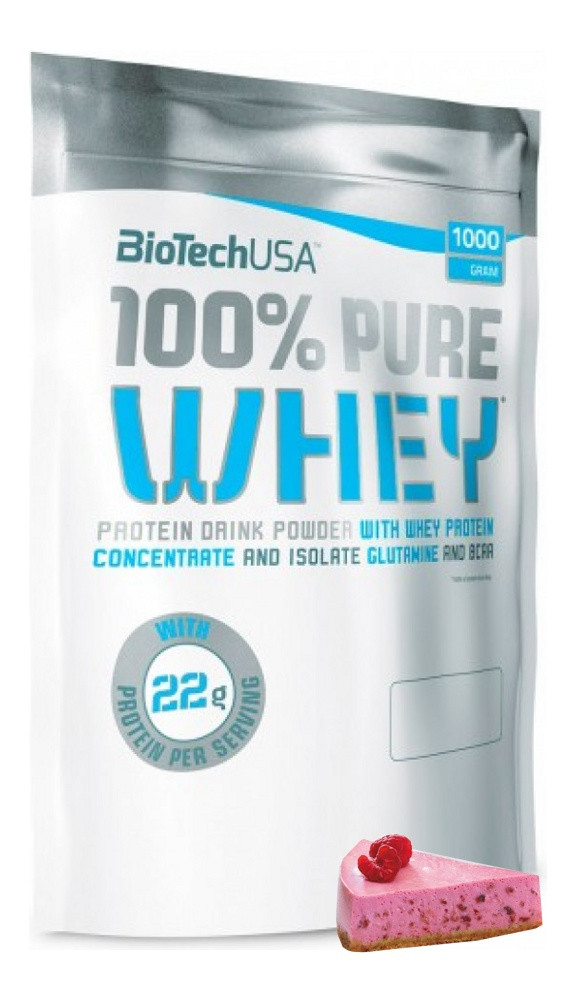 Протеин сывороточный (концентрат+изолят) 100% Pure Whey Biotech USA 1000г (малиновый чизкейк) - фото 1 - id-p193722661