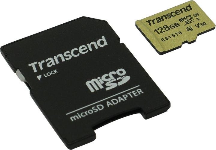 Карта памяти Transcend TS128GUSD500S microSDXC Memory Card 128Gb UHS-I U3 V30 + microSD--SD Adapter - фото 1 - id-p217333238