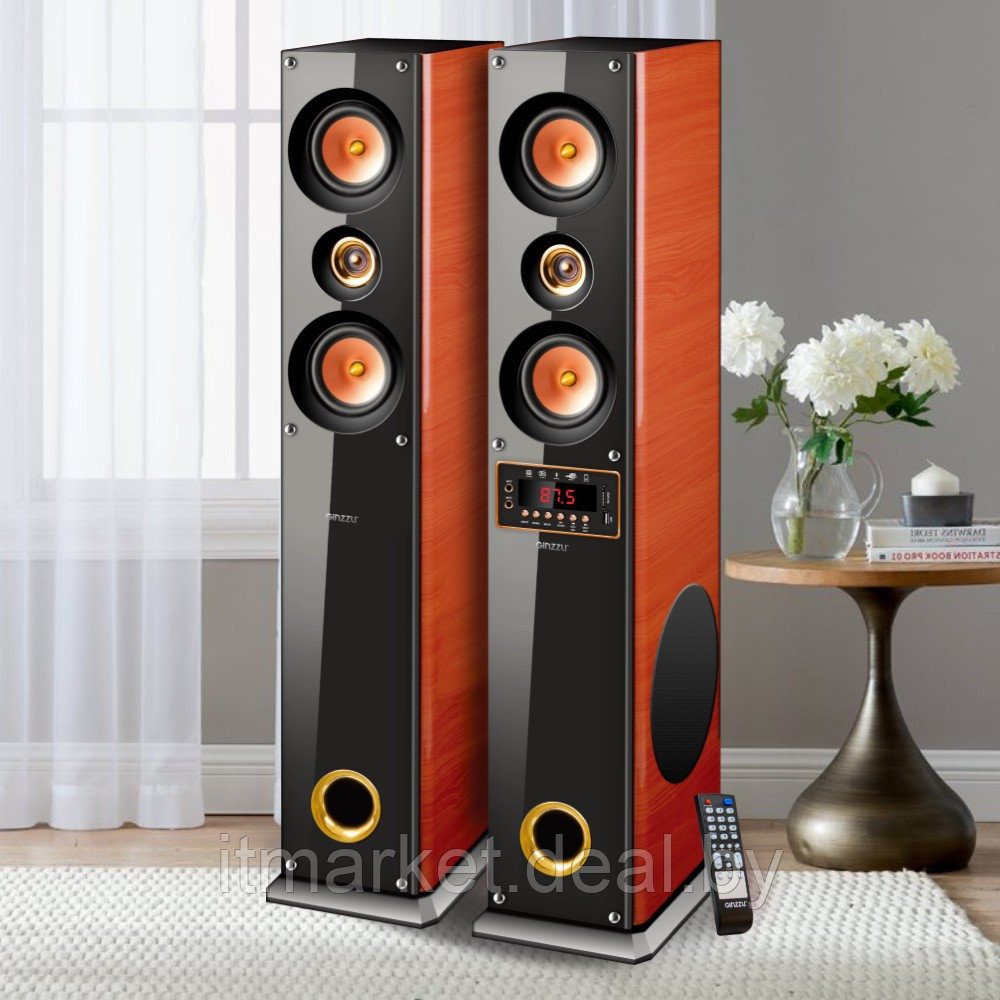 Напольная акустическая система GINZZU GM-327 (2x100W/BT/USB/SD/FM/AUX/EQ/ДУ, темный орех) - фото 1 - id-p217334549