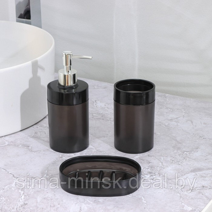 Набор для ванной комнаты 3 предмета: стакан для зубных щеток, дозатор, мыльница,цвет черный - фото 1 - id-p217336635