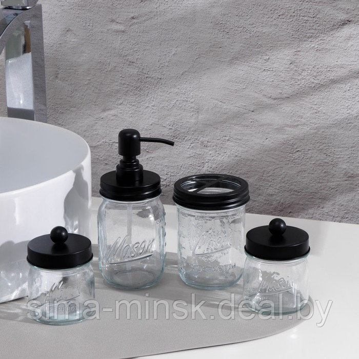 Набор аксесуаров для ванной, 4 предмета (дозатор, стакан для щёток, 2 банки), цвет чёрный - фото 1 - id-p217336678