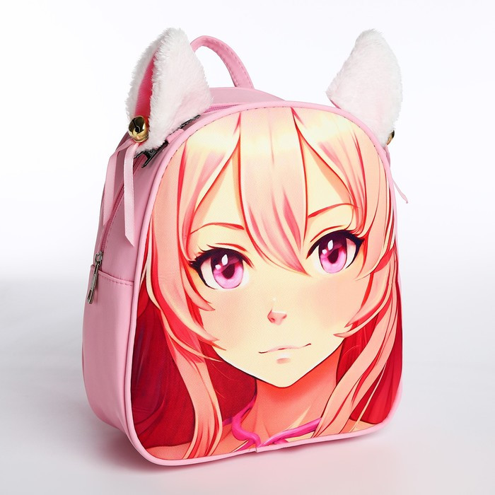Рюкзак текстильный с ушками на заколках "Аниме", 27*10*23 см, розовый цвет - фото 1 - id-p217339145