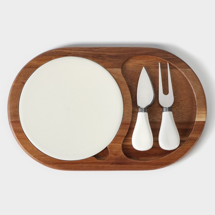 Набор для подачи сыра «Рудольф», 2 ножа, 28×18,5×1,5 см, овальный, акация - фото 1 - id-p217339836