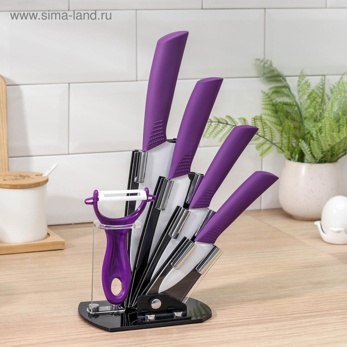 Набор кухонный, 5 предметов: ножи 7,5 см, 10,5 см, 13 см, 15 см, овощечистка, цвет фиолетовый - фото 9 - id-p217340027