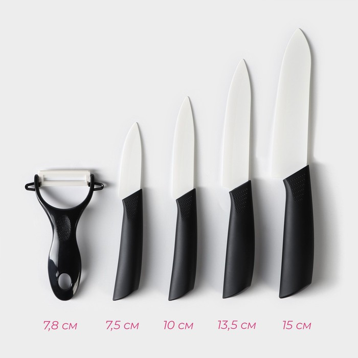 Набор кухонный, 5 предметов: ножи 7,5 см, 10 см, 13,5 см, 15 см, овощечистка, цвет чёрный - фото 2 - id-p217340029