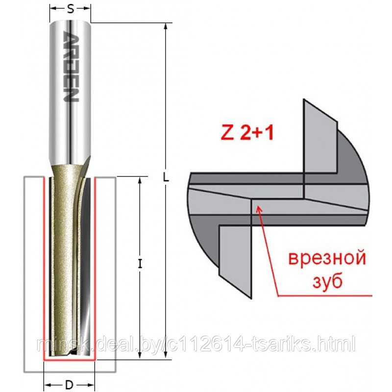 Фреза прямая пазовая с врезным зубом D=14x30x90 S=8 Z2+1 HW ARDEN - фото 1 - id-p217529895