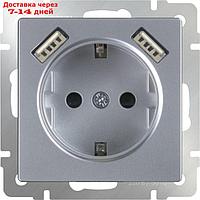 Розетка с заземлением, шторками и USBх2 WL06-SKGS-USBx2-IP20, цвет серебряный