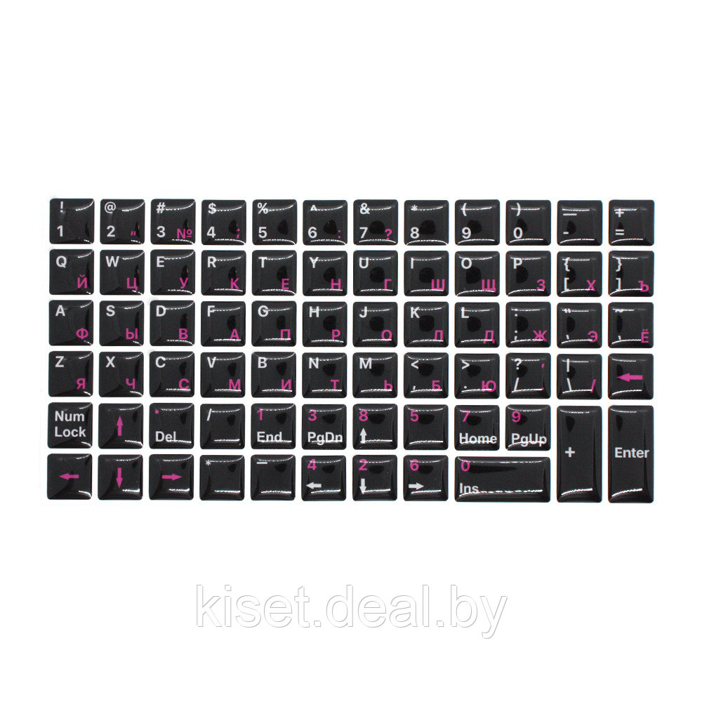 Силиконовые наклейки черные на клавиатуру 69 символов (розовые символы ENRU-S69106) - фото 1 - id-p217625647