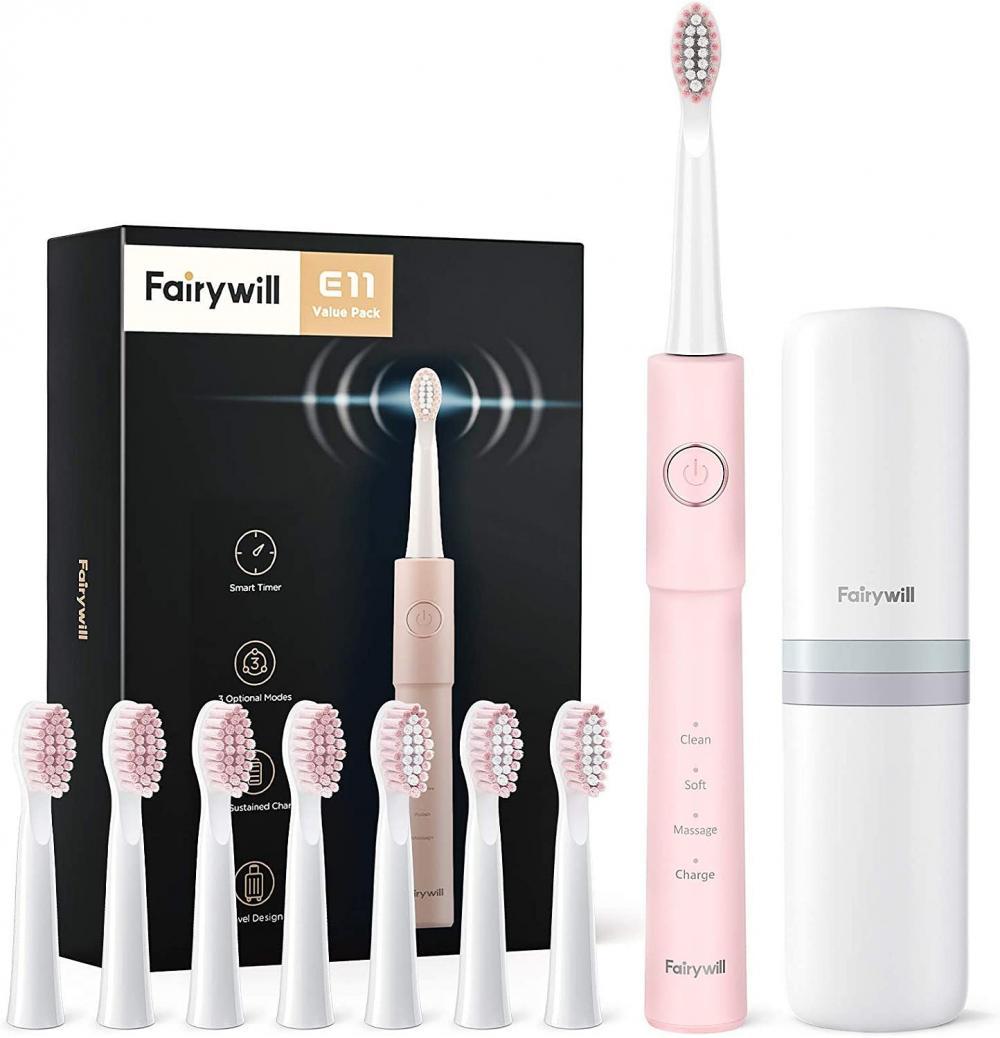 Электрическая зубная щетка Fairywill E11 розовая в комплекте (8 насадок + чехол) - фото 1 - id-p217631501