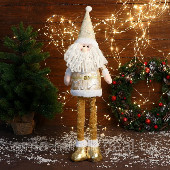 Мягкая игрушка "Дед Мороз в костюме с ромбиками, длинные ножки" стоит, 14 см, золото - фото 1 - id-p217632767
