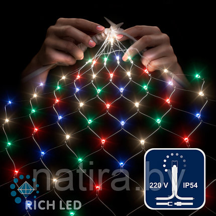 Светодиодная сетка Rich LED 2*1.5 м, Мульти, 192 LED, 220 B, прозрачный провод, IP54, фото 2