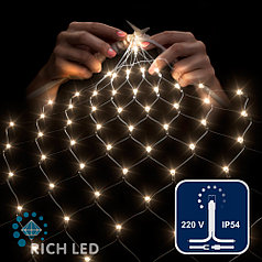 Светодиодная сетка Rich LED 2*1.5 м, теплый белый, 192 LED, 220 B, прозрачный провод, IP54