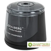 Точилка электрическая BRAUBERG DOUBLE BLADE BLACK, двойное лезвие, питание от 2 батареек АА