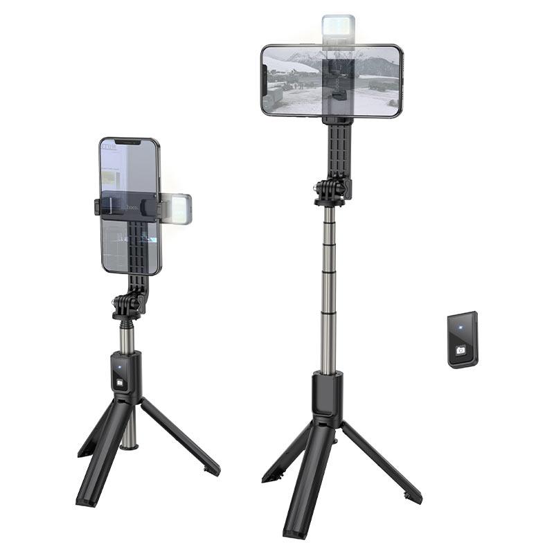 Селфи палка + трипод - HOCO K15, с Bluetooth пультом, 80см, LED подсветка, +крепление для GoPro, чёрный - фото 3 - id-p217690178