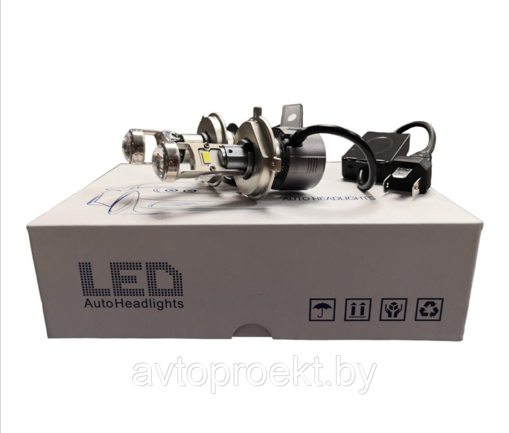 Светодиодные лампы H4 с линзой LED A80, ближний и дальний свет, мини bi-led линзы, комплект 2 шт. - фото 1 - id-p217700225