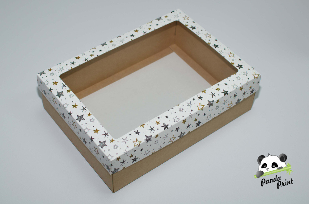 Коробка с прозрачным окном 350х250х100 Черно-золотые звезды (крафт дно) - фото 1 - id-p216113513
