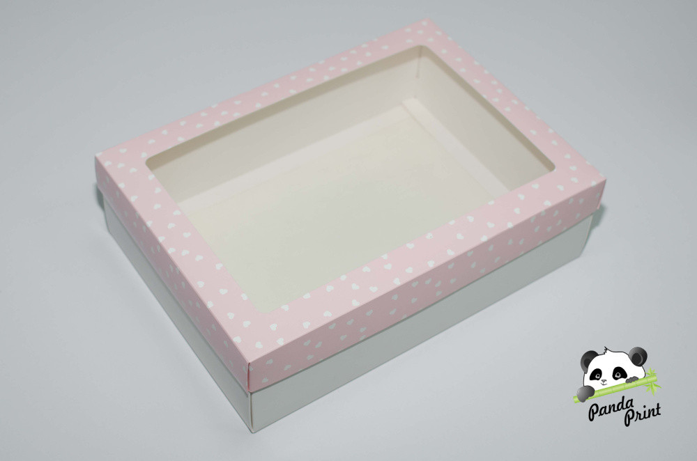 Коробка с прозрачным окном 350х250х100 Сердечки белые на розовом (белое дно)