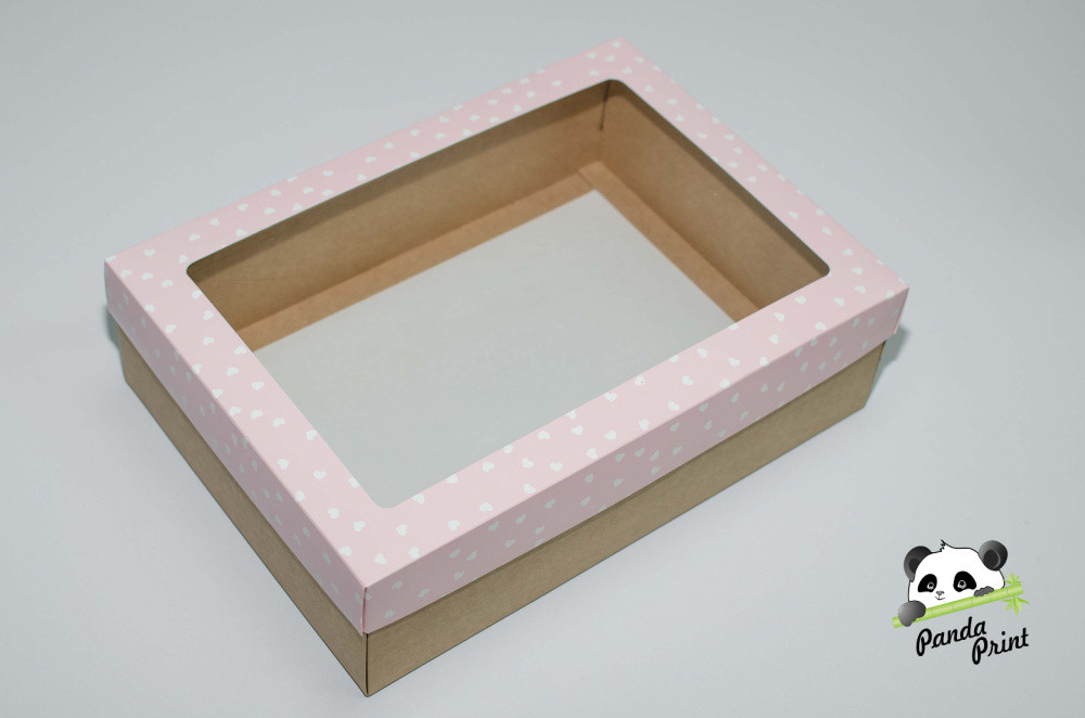 Коробка с прозрачным окном 350х250х100 Сердечки белые на розовом (крафт дно)