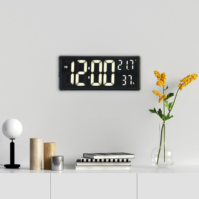 Часы электронные настенные, настольные, с будильником, 36 х 15 х 3 см, белые цифры - фото 2 - id-p217720336