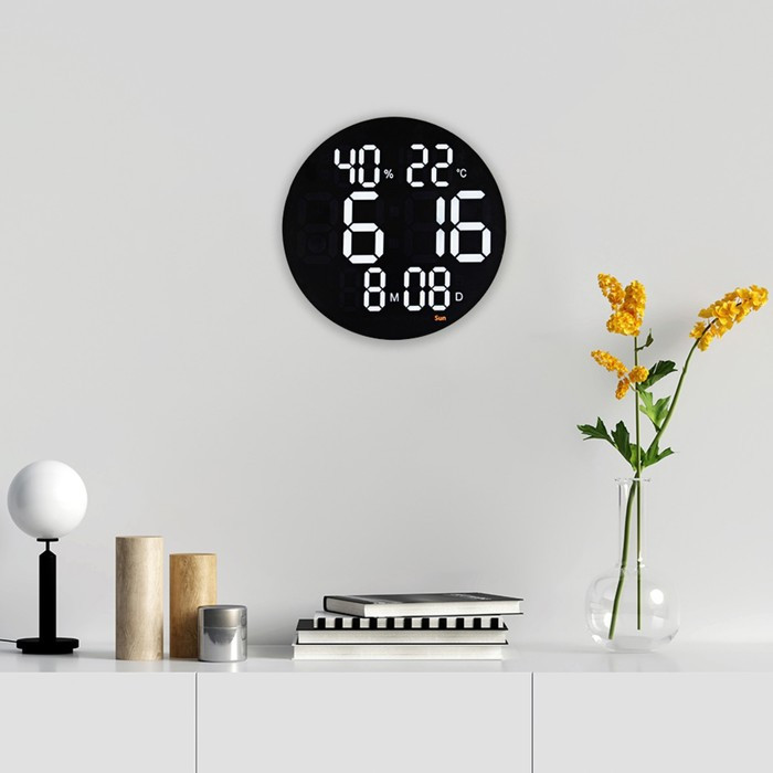 Часы электронные настенные: будильник, календарь, термометр, гигрометр, d-25 см,от сети - фото 2 - id-p217720471
