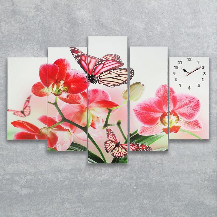 Часы настенные, модульные, серия: Цветы, "Орхидеи и бабочка", 80х140 см - фото 1 - id-p217720983