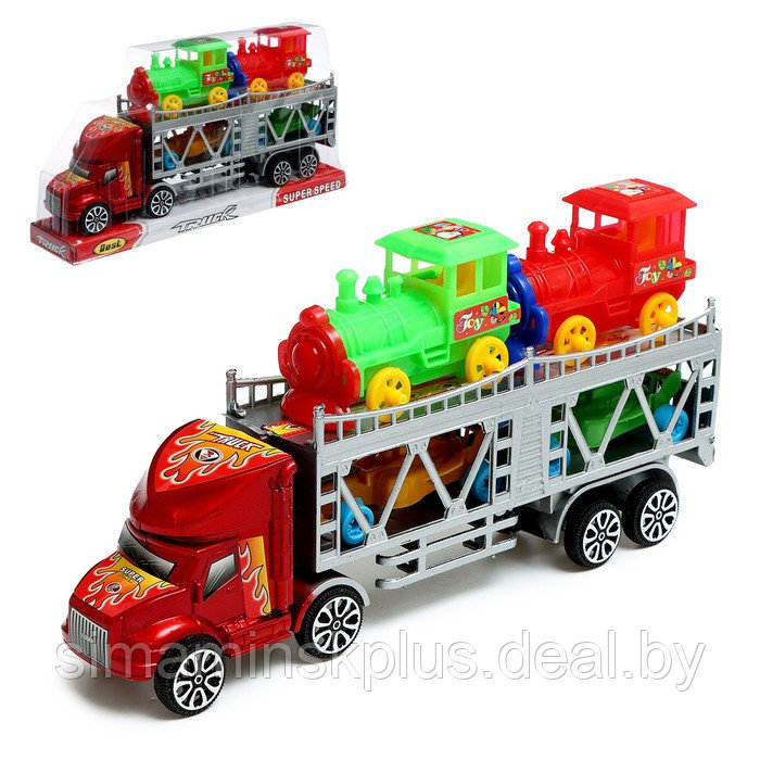 Грузовик инерционный «Автовоз», 2 машинки и 2 паровоза, цвета МИКС - фото 1 - id-p217728705