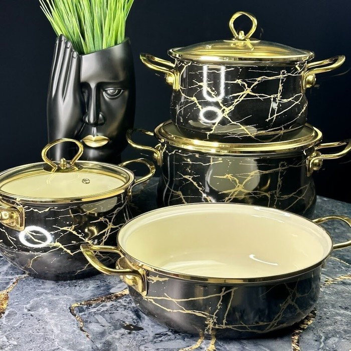 Набор эмалированной посуды из 7 предметов Lenardi «Чёрный мрамор» - фото 1 - id-p217729146
