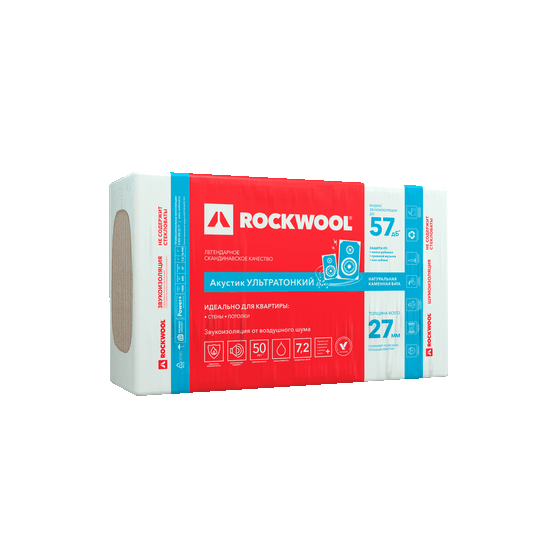 ROCKWOOL Акустик Баттс 27 мм х 1000 мм х 600 мм Звукоизоляция.