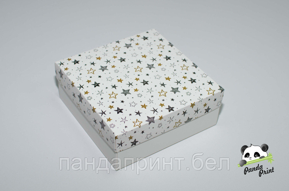 Коробка 200х200х80 Черно-золотые звезды (белое дно)