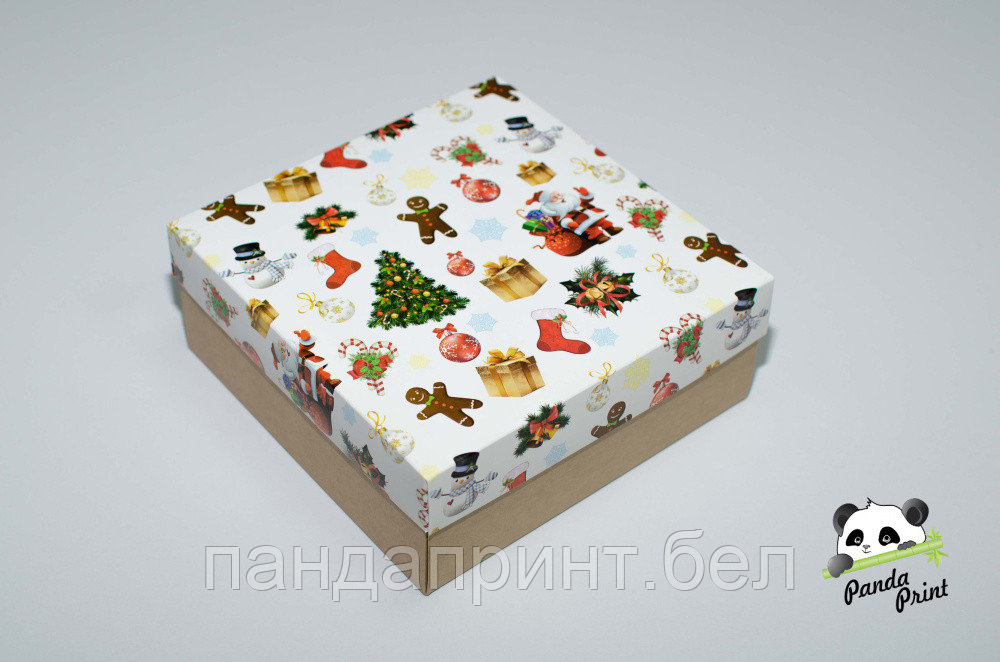 Коробка 200х200х80 Дед мороз и имбирный человечек (крафт дно)