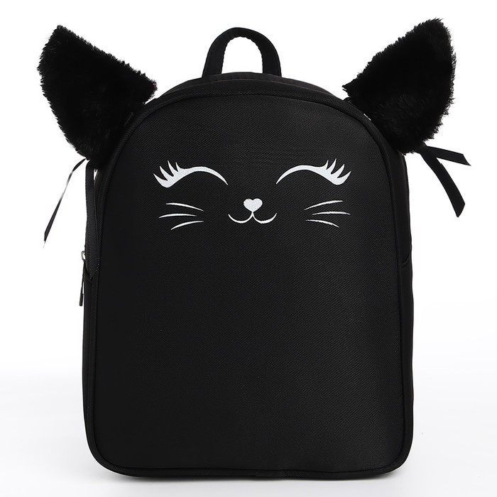 Рюкзак текстильный с ушками на заколках "Котик", 27*10*23 см, черный цвет - фото 2 - id-p217772063