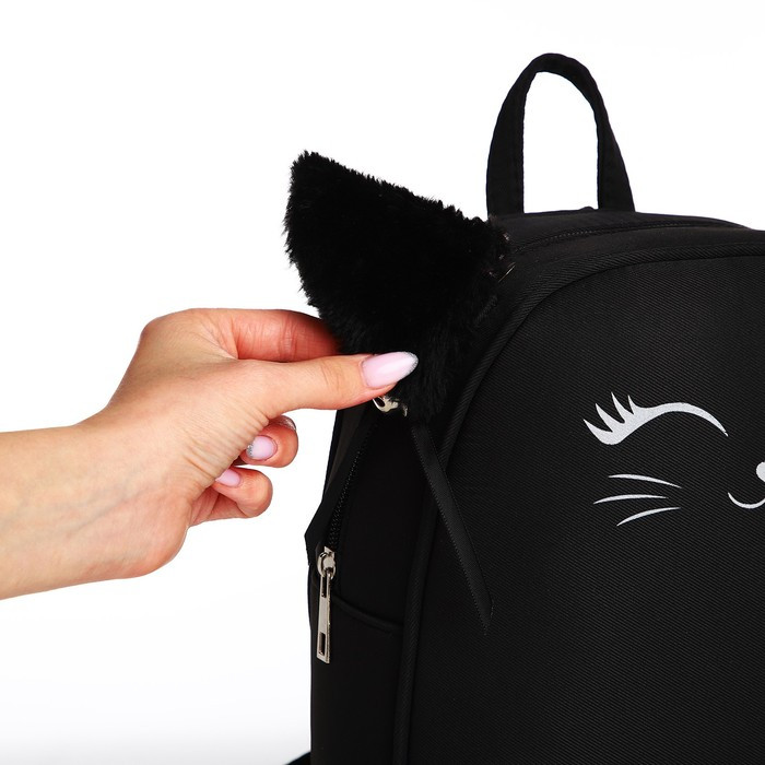 Рюкзак текстильный с ушками на заколках "Котик", 27*10*23 см, черный цвет - фото 6 - id-p217772063