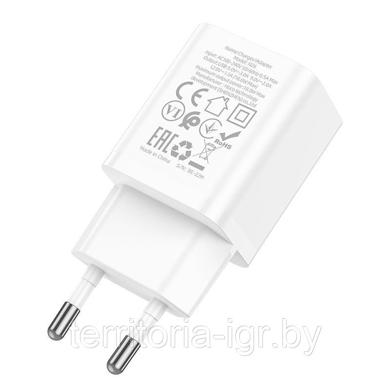 Сетевое зарядное устройство N26 USB QC3.0 белый Hoco - фото 2 - id-p217772200