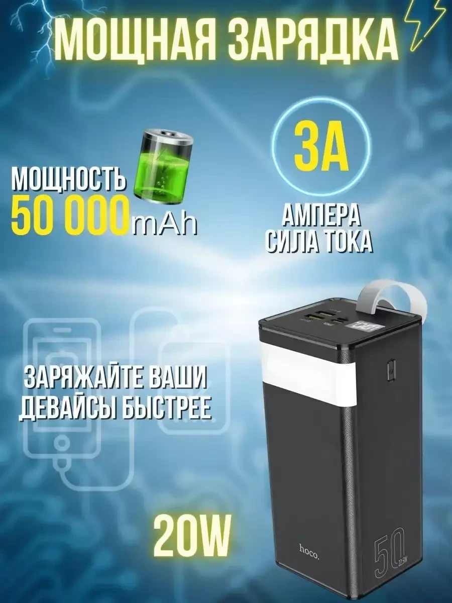 Портативное зарядное устройство Hoco 50000 mAh / Power Bank внешний аккумулятор со встроенной лампой - фото 2 - id-p217799573