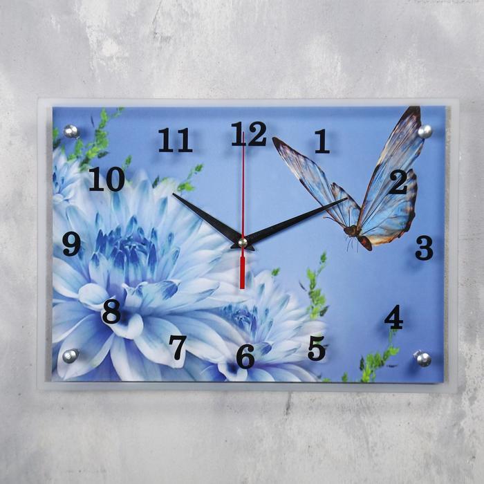 Часы настенные, серия: Цветы, "Голубые цветы и бабочка", 25х35 см - фото 1 - id-p217804466