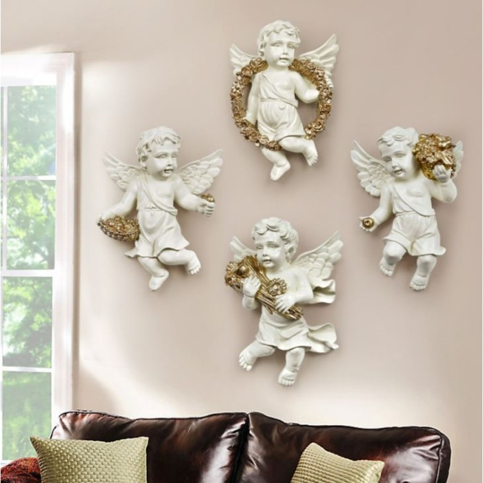Декор настенный "Ангелочки" 4 штуки 20.5 x 14.5 x 5.5 см, белый с золотом - фото 1 - id-p217805697