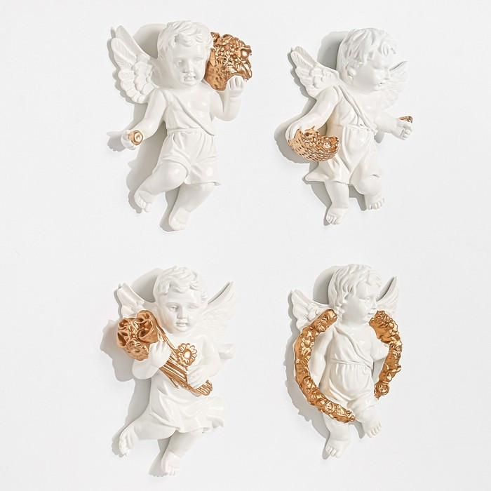 Декор настенный "Ангелочки" 4 штуки 20.5 x 14.5 x 5.5 см, белый с золотом - фото 3 - id-p217805697