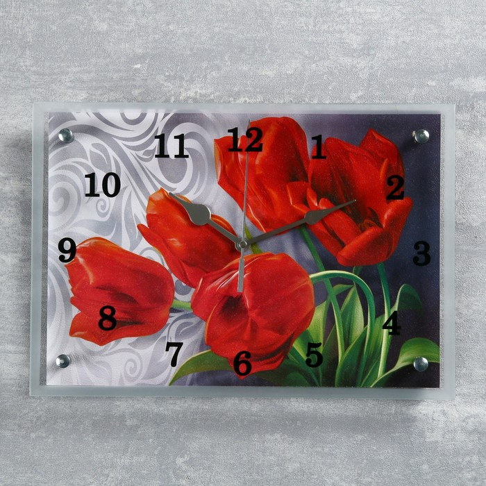 Часы-картина настенные, серия: Цветы, "Красные тюльпаны" 25х35 см - фото 1 - id-p217804530