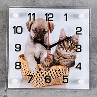 Часы-картина настенные, серия: Животный мир, "Щенок с котенком", плавный ход, 25 х 25 см