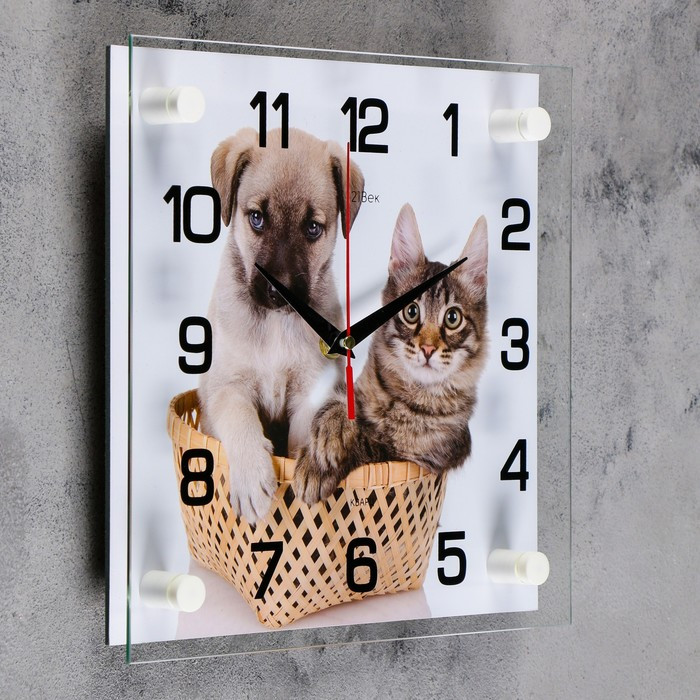 Часы-картина настенные, серия: Животный мир, "Щенок с котенком", плавный ход, 25 х 25 см - фото 2 - id-p217804596