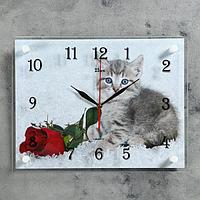Часы-картина настенные, серия: Животный мир, "Котенок и роза", плавный ход, 30 х 40 см