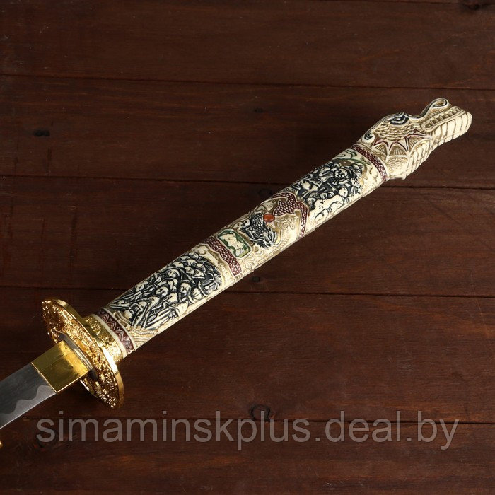 Сувенирное оружие «Катана на подставке», чёрные ножны, рукоятка под слоновую кость, 108 см - фото 3 - id-p217954529