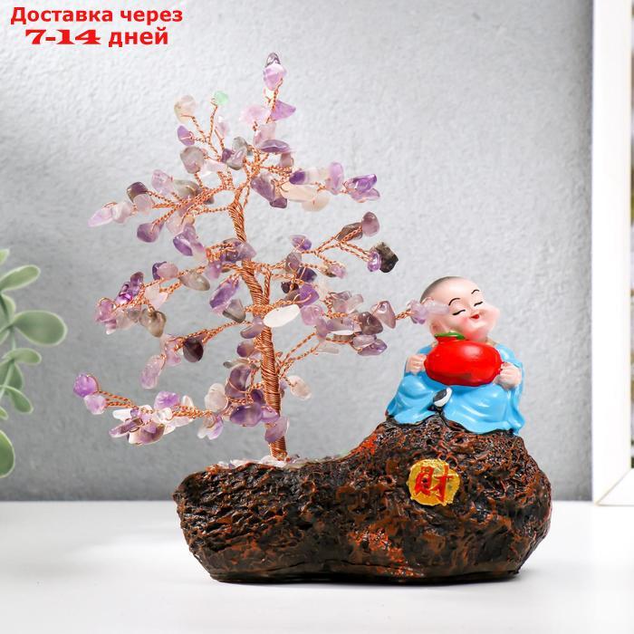 Сувенир бонсай 147 камней "Хотей с яблоком у дерева с аметистами" 18х13х6 см