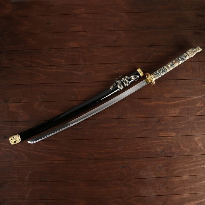 Сувенирное оружие «Катана на подставке», чёрные ножны, рукоятка под слоновую кость, 108 см - фото 2 - id-p217977885